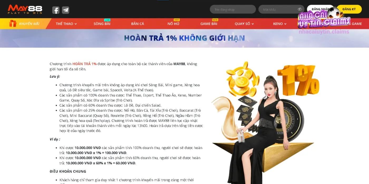 Khuyến Mãi Hoàn Trả 1% Vô Tận Tại MAY88